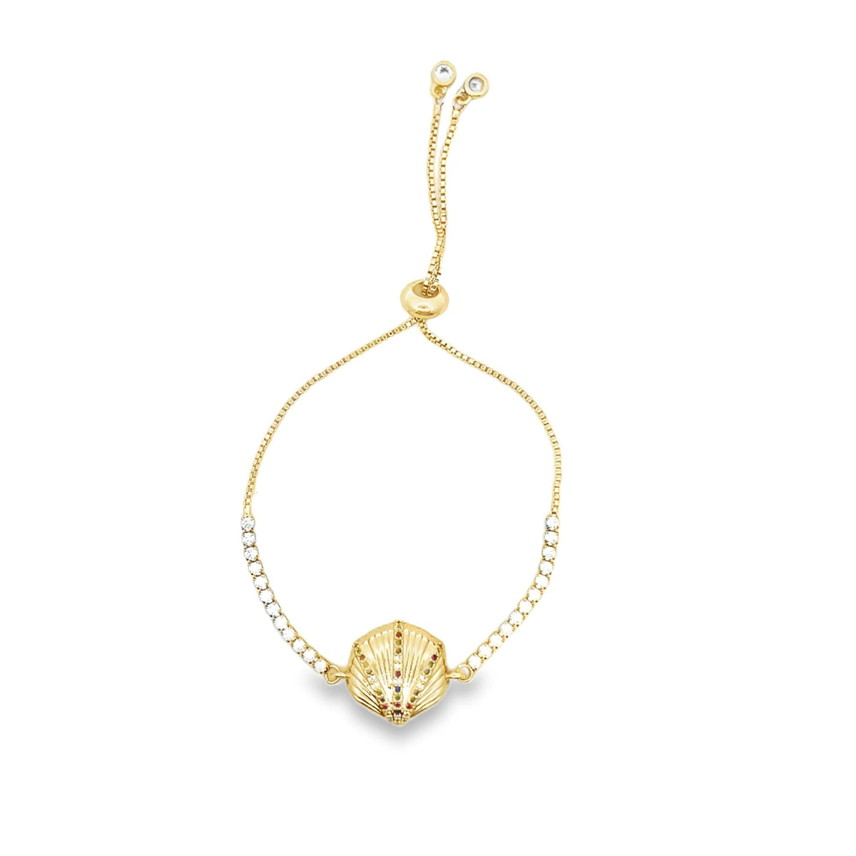 18K Gold Filled Adjustable Box Chain Bracelet With Clear and Multicolor CZ Stones And A Sea Shell Charm (I141) MIA Jewelry