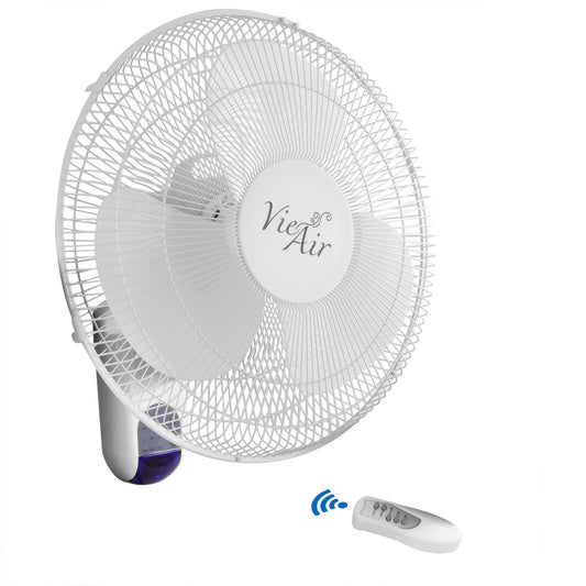Vie Air 16 Inch 3 Speed Plastic Wall Fan with Remote Control in White W2B