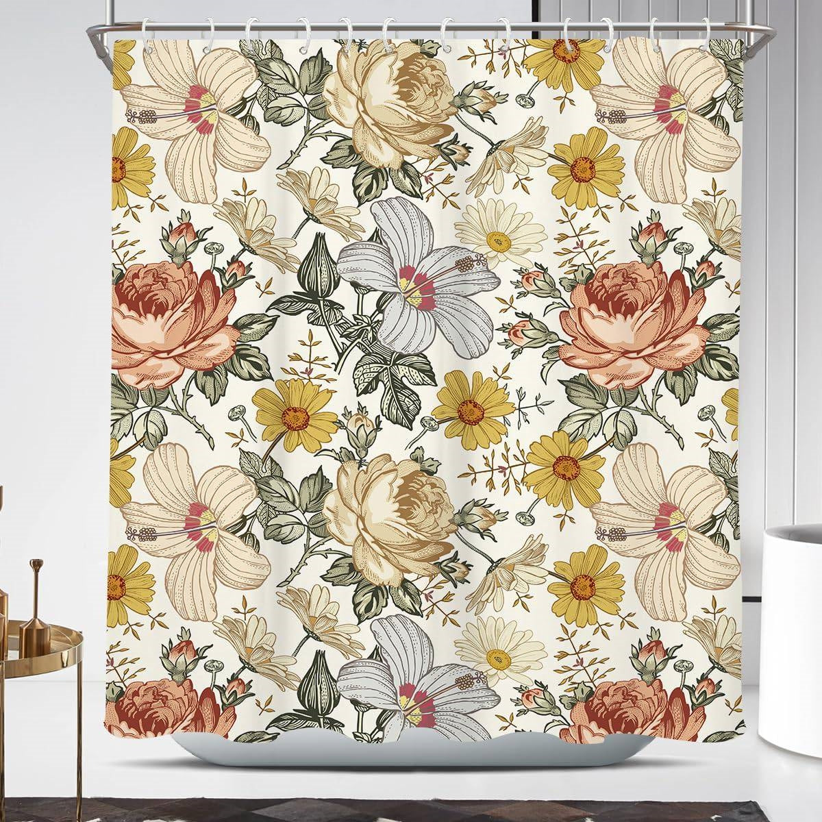 72"W x 72"H Vintage Floral Peony Yellow/Pink Polyester Shower Curtain FastFurnishings