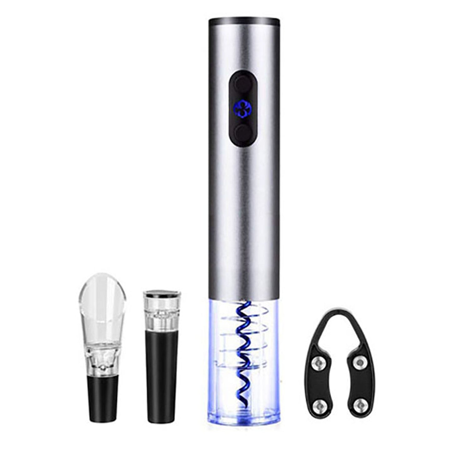 Brentwood Electric Wine Bottle Opener with Foil Cutter, Vacuum Stopper, and Aerator Pourer in Silver W2B