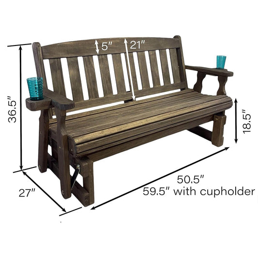 4ft Heavy Duty Porch Glider Bench with Cupholders in Dark Walnut - Made in USA FastFurnishings