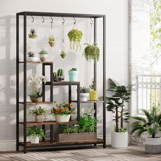Modern Industrial Heavy Duty Metal Wood Plant Stand with 10 Hanging Hooks FastFurnishings