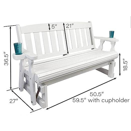 4ft Heavy Duty Amish Porch Glider Bench in White with Cupholders - Made in USA FastFurnishings