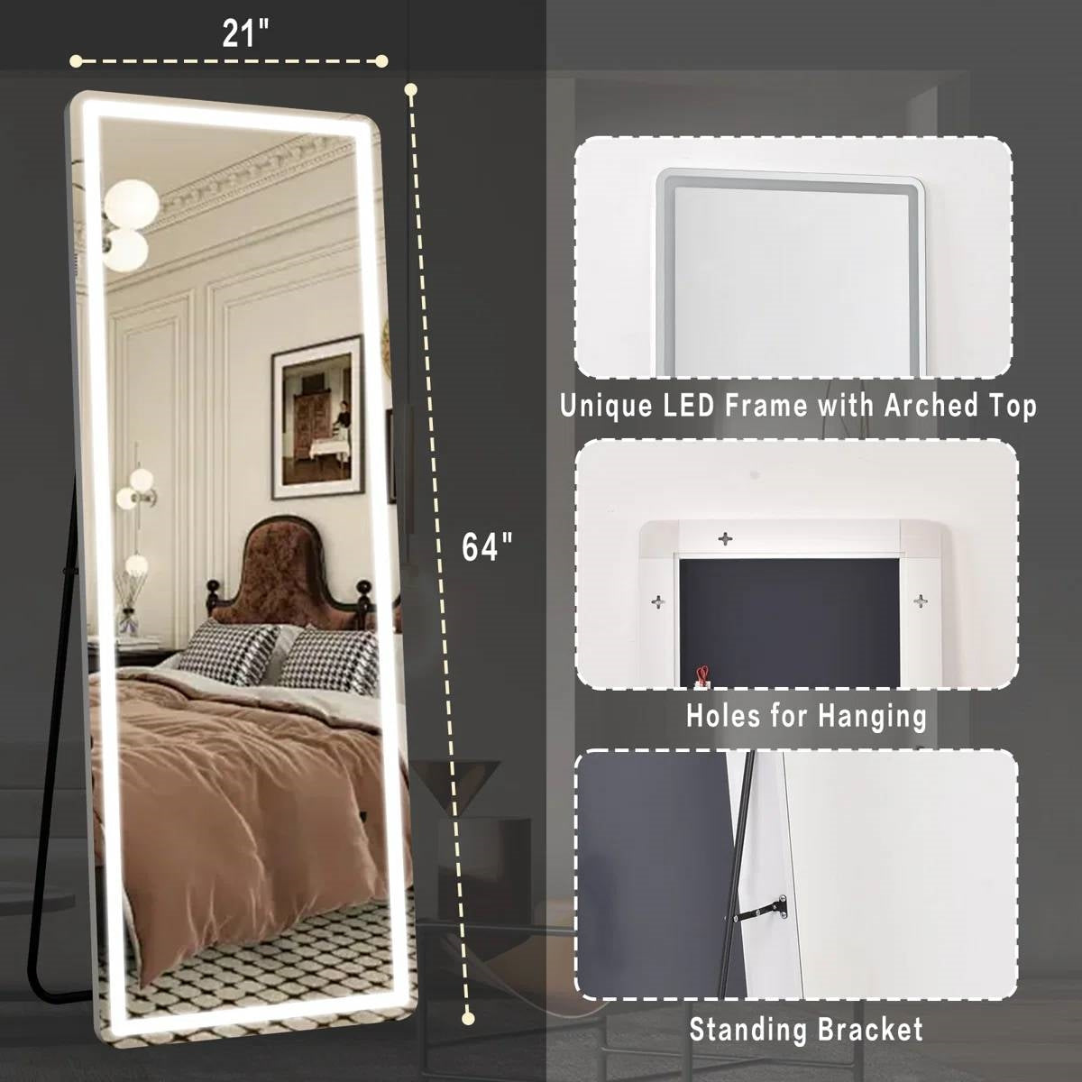 White 64-inch Full Length Floor Mirror with Stand and LED Light Strip-4