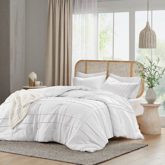 King Size Microfiber Pleated Soft Washed Comforter Set White-1