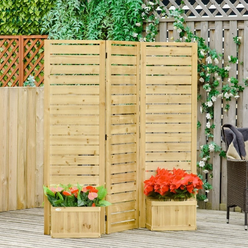 3 Panel Fir Wood Outdoor Privacy Screen with 4 Garden Bed Planters FastFurnishings