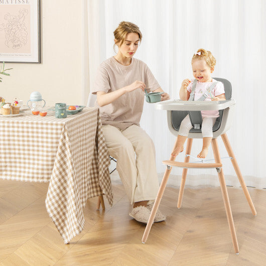 Babyjoy 3 in 1 Convertible Wooden High Chair Toddler Feeding Chair with Cushion Grey W2B
