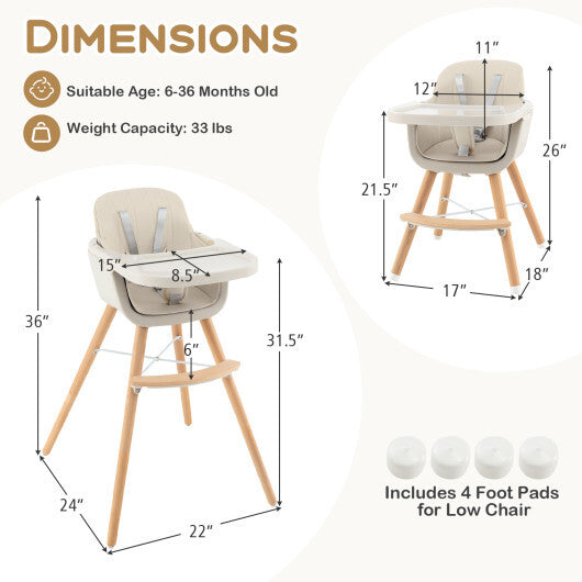 Babyjoy 3 in 1 Convertible Wooden High Chair Toddler Feeding Chair with Cushion Beige W2B
