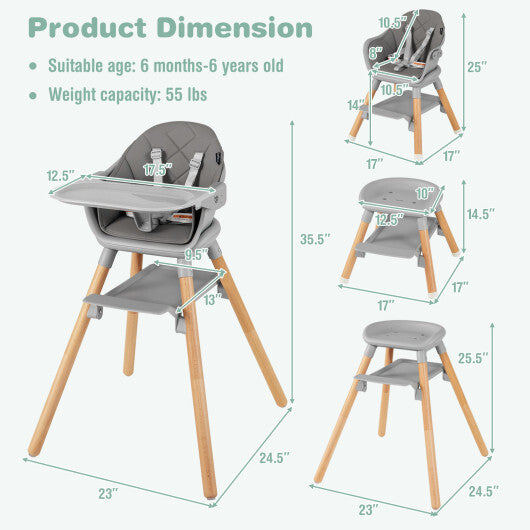 Babyjoy 6 in 1 Convertible Highchair with Safety Harness and Removable Tray Gray W2B