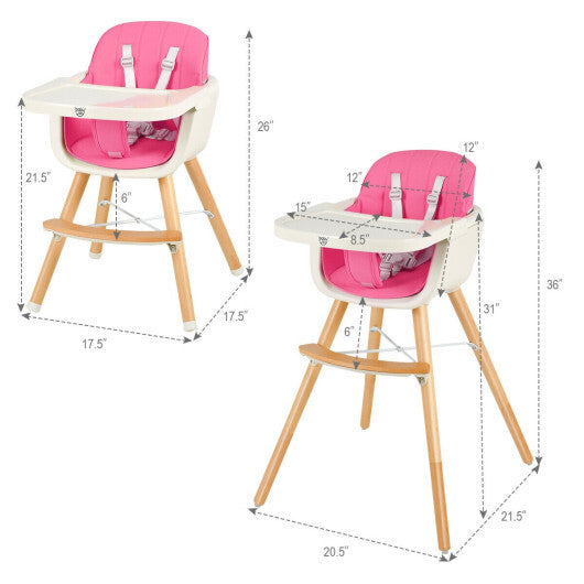 Babyjoy 3 in 1 Convertible Wooden High Chair Toddler Feeding Chair with Cushion Pink W2B