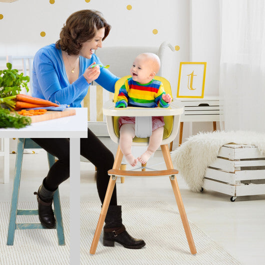 Babyjoy 3 in 1 Convertible Wooden High Chair Toddler Feeding Chair with Cushion Yellow W2B