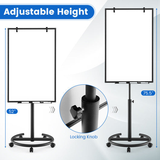 Costway Height-Adjustable Mobile Whiteboard with Round Stand Paper Clips-Black