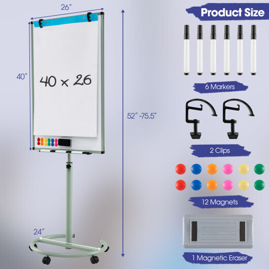Costway Height-Adjustable Mobile Whiteboard with Round Stand Paper Clips-Green