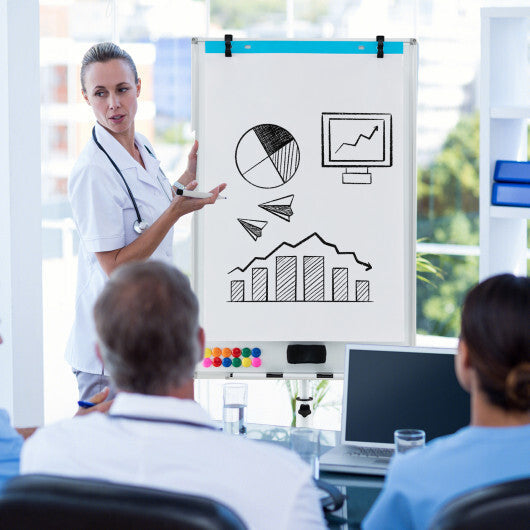 Costway Height-Adjustable Mobile Whiteboard with Round Stand Paper Clips-White W2B