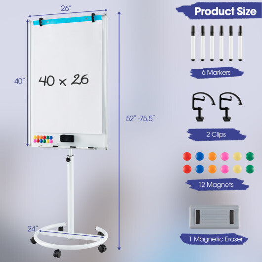 Costway Height-Adjustable Mobile Whiteboard with Round Stand Paper Clips-White