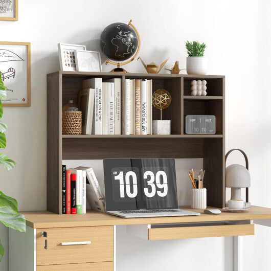 Costway Computer Desktop Bookcase with 4 Cubbies and Open Back Compartment-Gray W2B