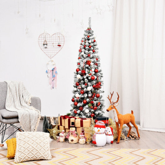 Costway 6Ft Unlit Hinged Snow Flocked Artificial Pencil Christmas Tree with 500 Branch Tips W2B