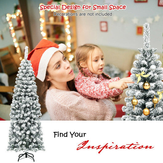 Costway 6Ft Unlit Hinged Snow Flocked Artificial Pencil Christmas Tree with 500 Branch Tips W2B