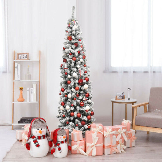 Costway 7.5Ft Pre-lit Snow Flocked Artificial Pencil Christmas Tree with 350 LED Lights W2B