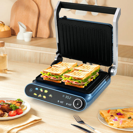 Costway 1200W Panini Press Grill with LED Display and 7 Grilling Modes-Blue