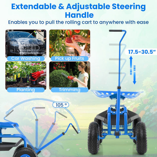Costway Extendable Handle Garden Cart Rolling Wagon Scooter-Blue W2B