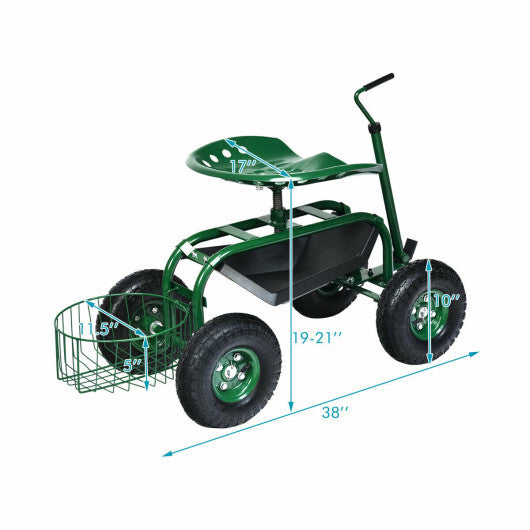 Costway Extendable Handle Garden Cart Rolling Wagon Scooter-Green