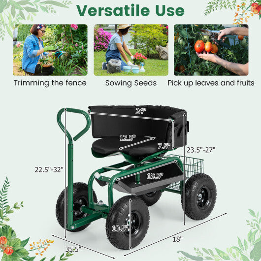 Costway Cushioned Rolling Garden Cart Scooter with Storage Basket and Tool Pouch-Green