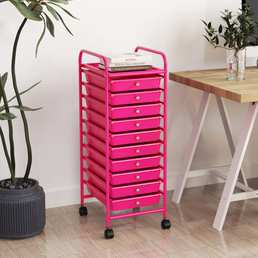 Costway 10 Drawer Rolling Storage Cart Organizer with 4 Universal Casters-Pink W2B