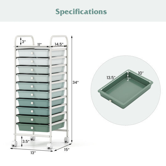 Costway 10 Drawer Rolling Storage Cart Organizer with 4 Universal Casters-Green W2B