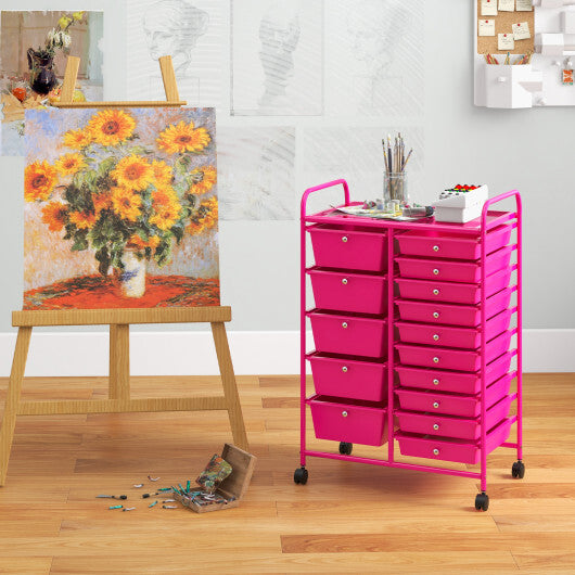 Costway 15-Drawer Utility Rolling Organizer Cart MultiUse Storage-Pink