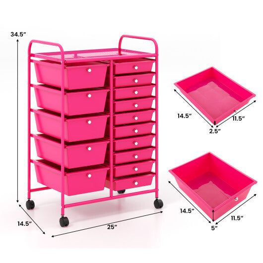 Costway 15-Drawer Utility Rolling Organizer Cart MultiUse Storage-Pink