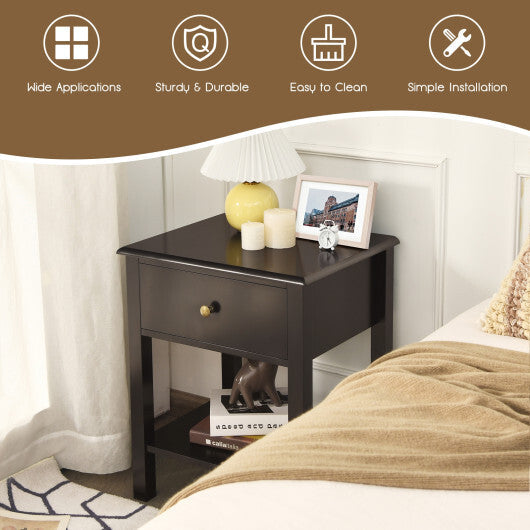 Costway Nightstand End Table with Drawer and Shelf Brown W2B