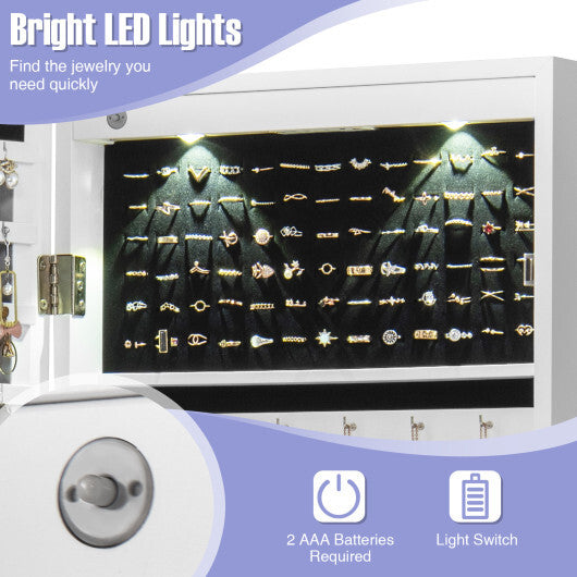 Costway Mirror Jewelry Cabinet with Full Length Clear Mirror & Internal LED Lights Hooks
