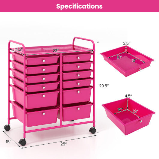 Costway 12-Drawer Rolling Storage Cart with Removable Drawers and Lockable Wheels-Rose Red