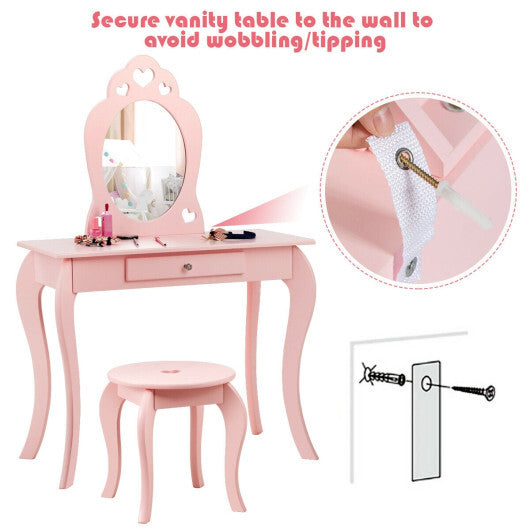 Costway Kids Princess Makeup Dressing Play Table Set with Mirror -Pink W2B
