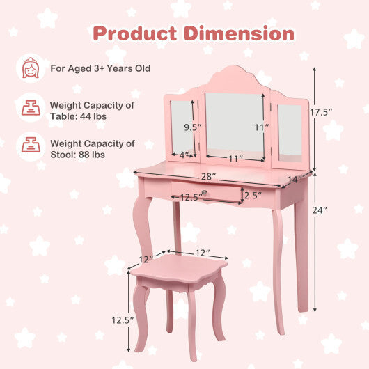 Costway Kids Vanity Table & Stool Princess Dressing Make Up Play Set for Girls Pink