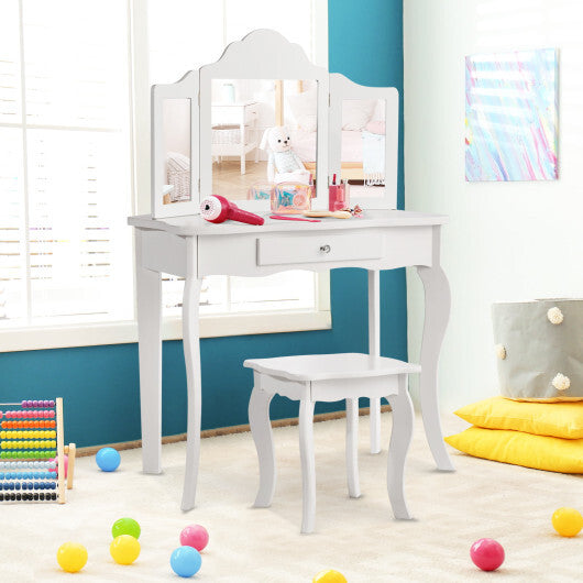 Costway Vanity Table Set Makeup Dressing Table Kids Stool Mirror White