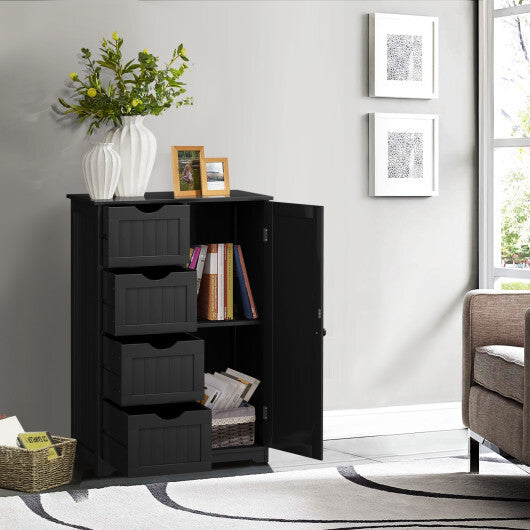 Costway Bathroom Storage Wooden 4 Drawer Cabinet Cupboard 2 Shelves Free Standing Black W2B