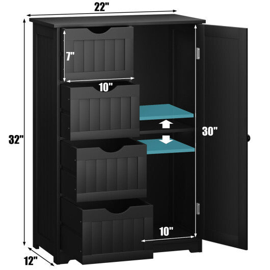 Costway Bathroom Storage Wooden 4 Drawer Cabinet Cupboard 2 Shelves Free Standing Black W2B