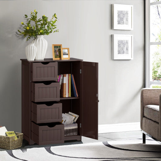 Costway Bathroom Storage Wooden 4 Drawer Cabinet Cupboard 2 Shelves Free Standing Brown W2B