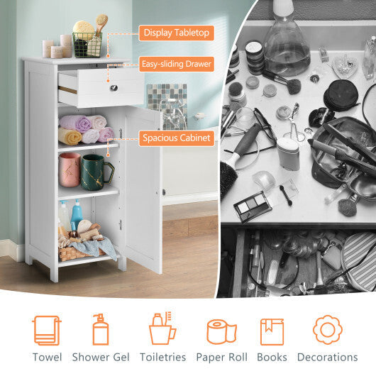 Costway Bathroom Storage Floor Cabinet Wooden Organizer Free-Standing w/ Drawer & Shelf W2B
