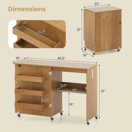 Costway Sewing Machine Table with Charging Station and Lockable Casters-Natural W2B