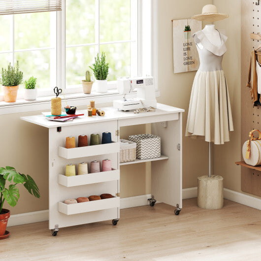 Costway Sewing Machine Table with Charging Station and Lockable Casters-White