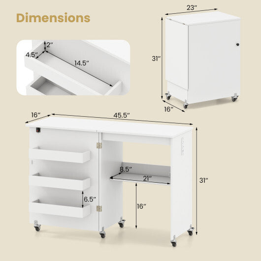 Costway Sewing Machine Table with Charging Station and Lockable Casters-White