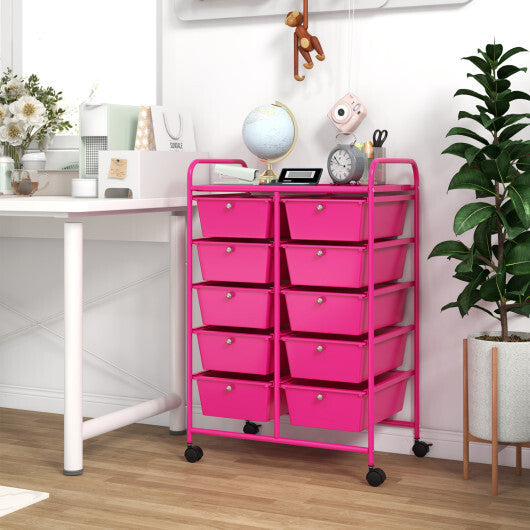 Costway 10-Drawer Rolling Storage Cart-Pink W2B