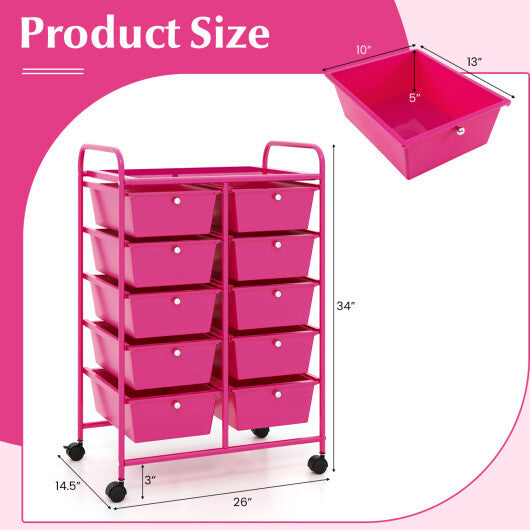Costway 10-Drawer Rolling Storage Cart-Pink W2B