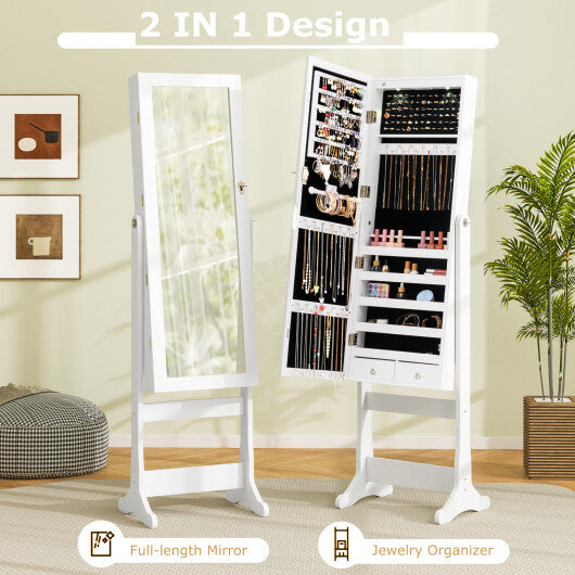 Costway Lockable Freestanding Jewelry Cabinet Armoire with Full-Length Mirror and Lights-White
