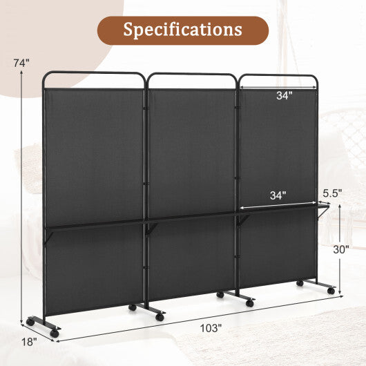 Costway 3-Panel Folding Room Divider with 3 Metal Shelves and Lockable Wheels-Black W2B