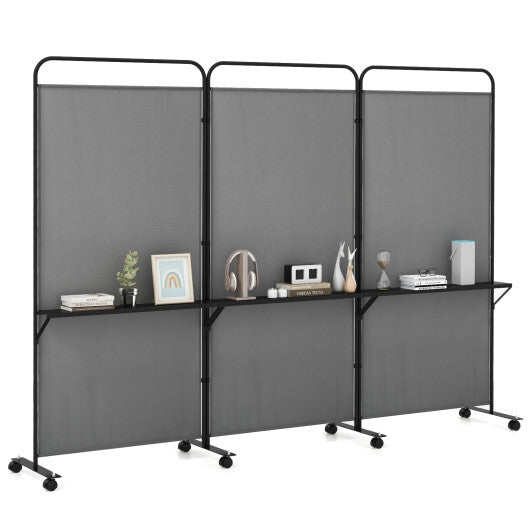 Costway 3-Panel Folding Room Divider with 3 Metal Shelves and Lockable Wheels-Gray W2B
