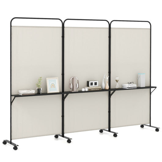 Costway 3-Panel Folding Room Divider with 3 Metal Shelves and Lockable Wheels-White W2B